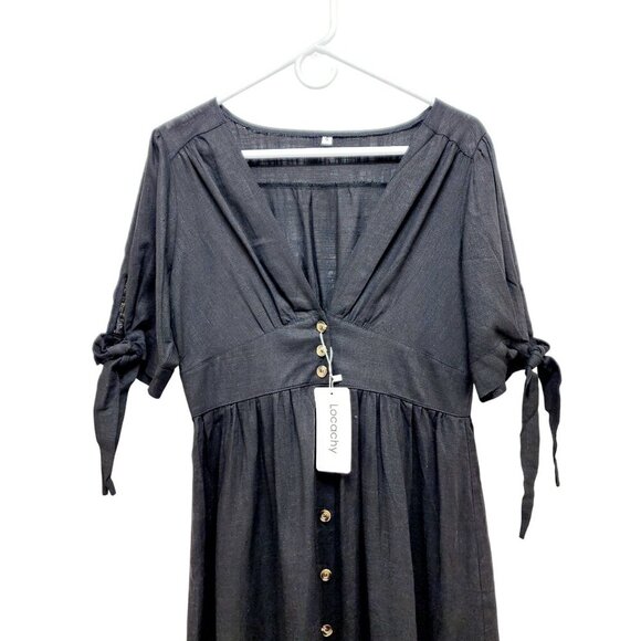 LocachyBuffalo Black womens Mariposa V Neck Button Front Dress Linen Size S - Picture 7 of 16